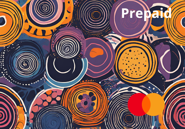 Vibrant prepaid Mastercard gift card with abstract indigenous art design in colorful dotted patterns.