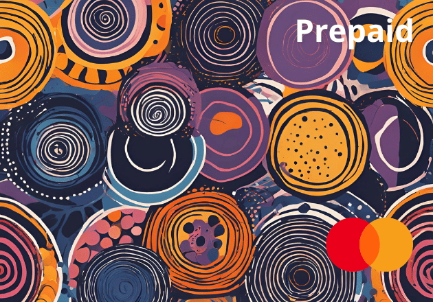 Vibrant prepaid Mastercard gift card with abstract indigenous art design in colorful dotted patterns.