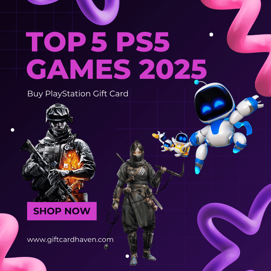 Top 5 PS5 Games 2025 promo with Shop Now button and buy playstation gift card at GiftcardHaven